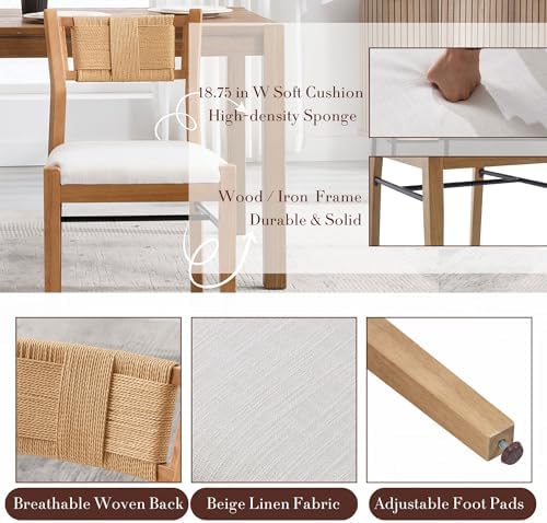 BESTANO Modern Armless Dining Chairs with Rope Woven Back Set of 6, Beige Linen Fabric Upholstered Kitchen & Dining Room Chairs, Mid-Century Classic Farmhouse Wooden Side Chair