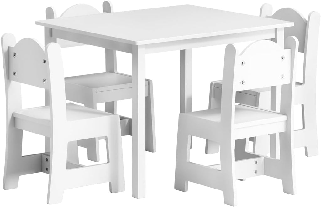 JOYMOR Kids Table and 4 Chairs, Toddler Table and Chair Set for Ages 1-3, Wooden Activity Table with Chairs, Perfect for Arts, Crafts and Nursery Use (White)