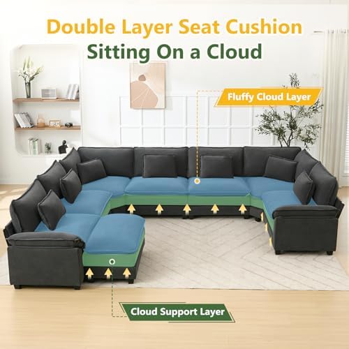 Oversized Modular Sectional Sofa Set, Convertible Deep Seat Cloud Couch with Ottoman, Large U Shaped Corner Couch with Throw Pillows for Living Room (Blue Grey, 8 Seater)