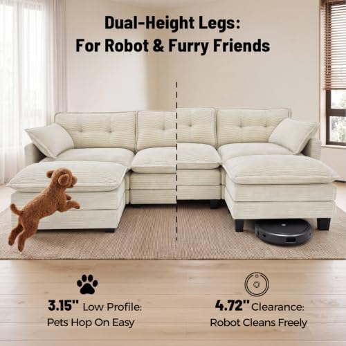 Amsleekey 111.5" U Shaped Modular Sectional Sofa, Beige Corduroy | Cloud Couch for Living Room, 3 Seater Deep Seat Convertible Sleeper Sofa with 2 Movable Ottomans and 2 Leg Height Options