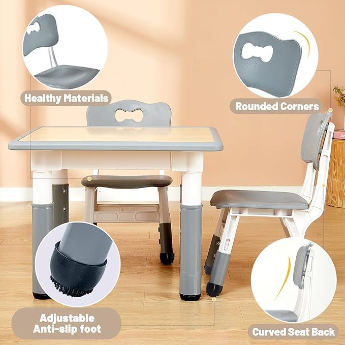 FUNLIO Kids Table and 4 Chairs Set and Adjustable Kids Chair (2pcs)，Easy to Wipe Arts & Crafts Table, for Classrooms/Daycares/Homes, CPC & CE Approved (5-Piece Set) - Gray