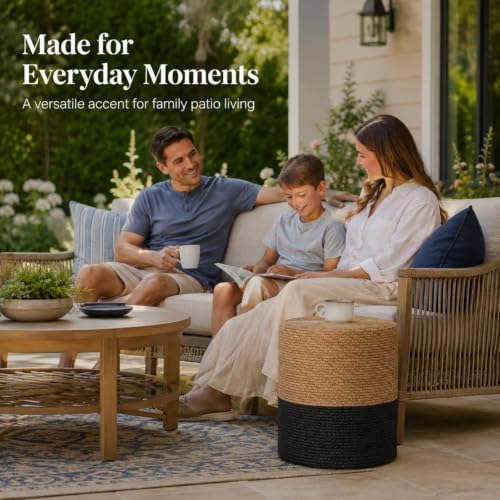 Wimarsbon Natural Seagrass Foot Stool, Hand Weaving Round Ottoman, for Living Room, Outdoor Seat (Natural & Black)