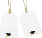 100Pcs Blank Gift Tags with String Foil Black Gold Grad Cap Large Paper Gift Tags with 65 Ft Jute Twine for Congratulations Graduation Congrats Grad Class of 2025 Party