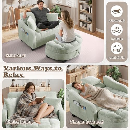 Oversized Chaise Lounge Chair Indoor with Adjustable Backrest, Chenille Tufted Comfy Loveseat Sofa Chair with Ottoman, Fluffy Recliner Sofa, Convertible Sleeper Couch Bed for Living Room(51"W, Cyan)
