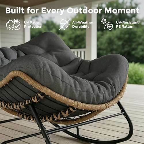 SWITTE Outdoor Rocking Papasan Chair with Thick Cushion, Dark Gray | Oversized Modern Wicker Lounge Rocker with Comfy Cushion, Cozy Egg Chair Steel Frame for Patio, Porch,or Indoor Reading Nook