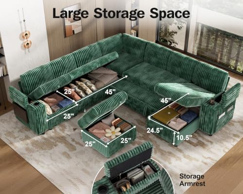 Vipbear 130" Modular Sectional Sleeper Sofa with Pull Out Bed, 9 Seat Corduroy L Shaped Couch with Ottoman and Chaise|USB Ports|Cup Holders|Side Table, Tool Free Assembly, Green