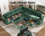 Vipbear 130" Modular Sectional Sleeper Sofa with Pull Out Bed, 9 Seat Corduroy L Shaped Couch with Ottoman and Chaise|USB Ports|Cup Holders|Side Table, Tool Free Assembly, Green