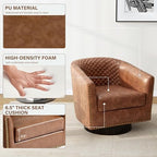 Pia Ricco Swivel Barrel Accent Chairs Set of 2, 360° Swivel Round Single Sofa Chair, Faux Leather Comfy Upholstered Club Armchair with Nailhead Trim for Living Room/Reading Room/Bedroom, Brown