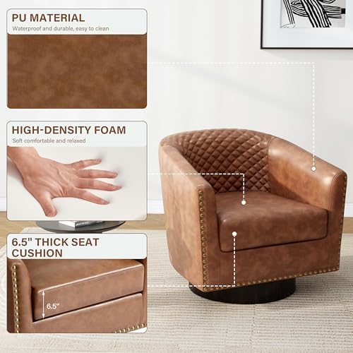 Pia Ricco Swivel Barrel Accent Chairs Set of 2, 360° Swivel Round Single Sofa Chair, Faux Leather Comfy Upholstered Club Armchair with Nailhead Trim for Living Room/Reading Room/Bedroom, Brown
