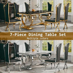 Luxury 7 Piece Marble Dining Table Set with 6 High Backrest Chairs, 70" Faux Marble Kitchen Table with Double O-Shaped Stainless Steel Base, Dining Room Set for Kitchen, Living Room