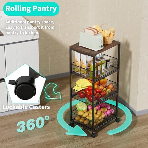 HapiRm Fruit Basket Kitchen Cart - 4-Tier Rolling Storage Cart with Wheels, Fruit Vegetable Basket with Wood Top, Pantry Utility Kitchen Organizer for Fruit Potato Onion Vegetable Bread Snack