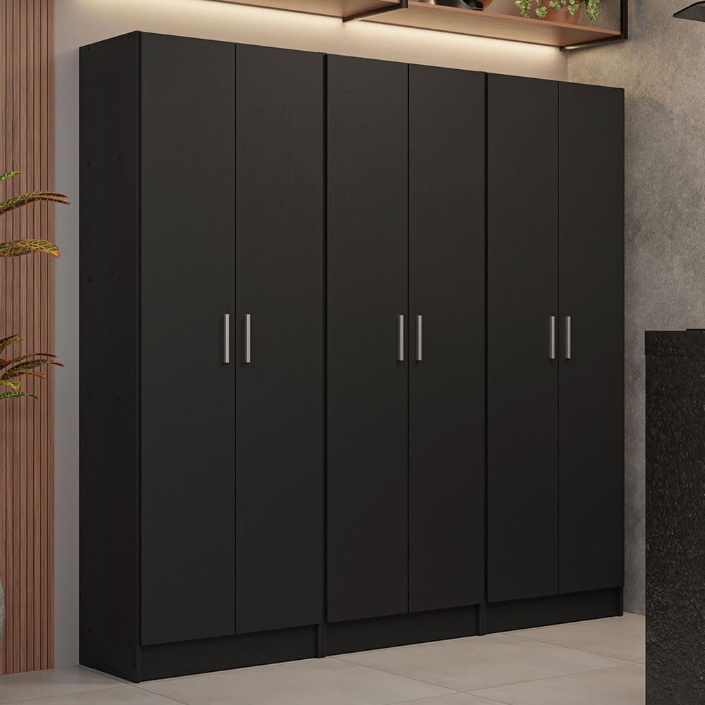 Madesa Kitchen Set 3 Pantry Storage Cabinet with 15 Utility Shelves 71'L Wooden Organization Unit for Kitchen - Black