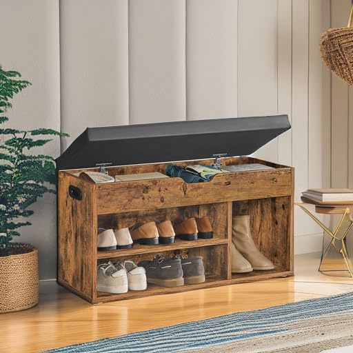 VASAGLE Storage Bench with Cushion, Shoe Bench,11.8 x 31.5 x 17.3 Inches | Padded Seat, Hidden Storage, Hold up to300 lb, Entryway, Rustic Brown and Ink Black, CUSTOS Collection ULHS30BX