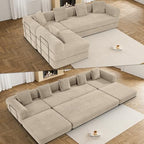 DAMAIFROM Convertible Sleeper Sofa Bed Floor Couch, Light Brown | 158" Corduroy Modular Compressed Futon Sofa Bed, Pull-Out Cloud Sectional Couch with Memory Foam Mattress for Living Room