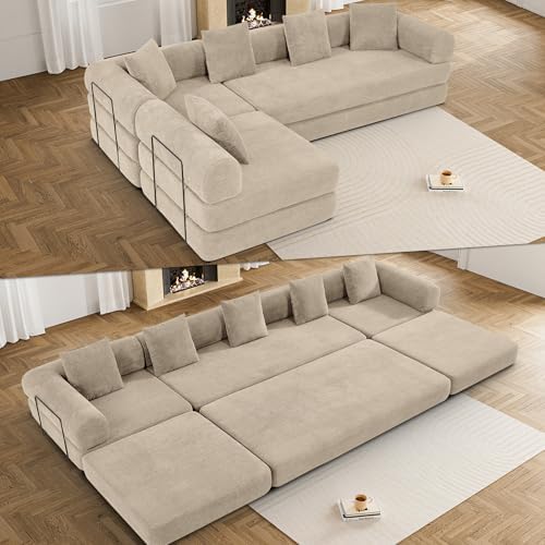DAMAIFROM Convertible Sleeper Sofa Bed Floor Couch, Light Brown | 158" Corduroy Modular Compressed Futon Sofa Bed, Pull-Out Cloud Sectional Couch with Memory Foam Mattress for Living Room