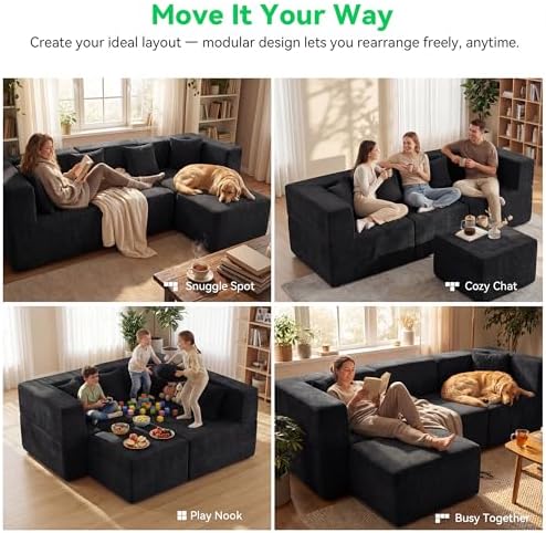 MONVANE L Shaped Sectional Couch Oversized, Chenille, Black | 4-Seat Sectional Couch for Living Room, Modular Cloud Sofa with Ottoman & 4 Throw Pillows, No Assembly Required