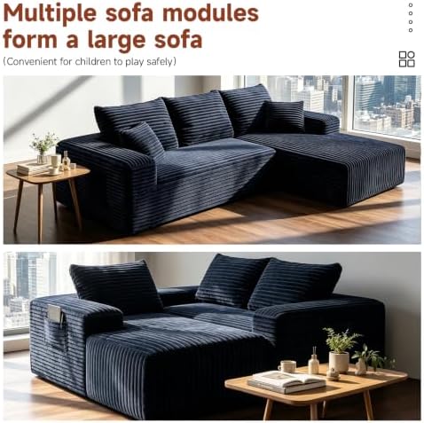 Couch ≈103" L-Shaped Sofa, Modular Sofa in Living Room Comfy Corduroy Fluffy Couch with Deep Seat and Side Pockets, Flexible Module Combination for Living Room (Black, 103IN)