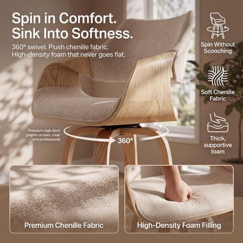 26'' Modern Barrel Swivel Counter Stools Counter Height Swivel Bar Stools with Backs Set of 4, Beige Chenille Upholstered Bar Height stools, Farmhouse Solid Wood Barstools for Kitchen Island, Home Bar