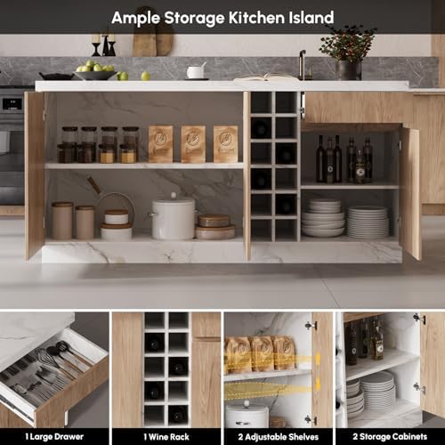 homary 72" Large White Kitchen Island with Storage & LED Lights, Wood Freestanding Island with Wine Rack, Drawers, Cabinet & Shelves, Modern for Kitchen & Dining Room