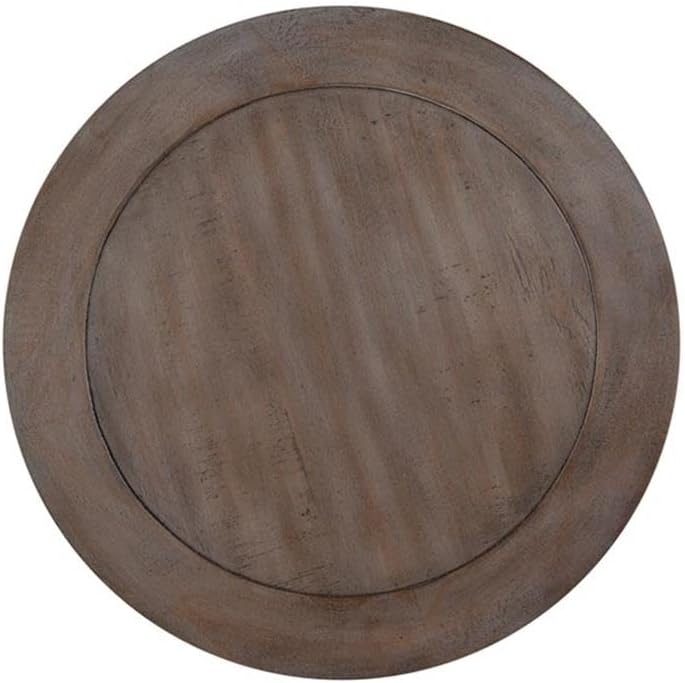 BOWERY HILL Round Wood Accent End Table, Dovetail Gray Finish, Weathered Bronze Details, 2 Fixed Shelves, Durable Pine Construction, Compact Transitional Design for Living Room Storage and Display