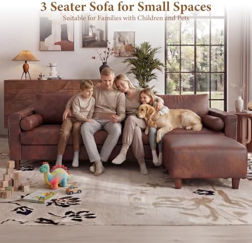 Vesgantti 100" L-Shaped Faux Leather Sectional Couch, Wide Seating, Cocoa | 3 Seater with Movable Ottoman, Mid Century Modern Modular Sofa for Living Room, Apartment, Easy to Assemble, Side Pocket