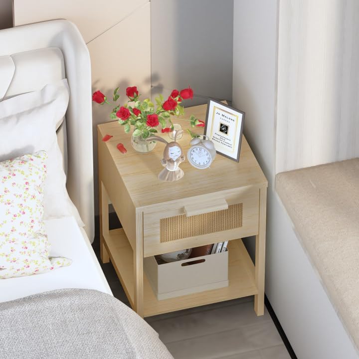 furlinkhm Rattan Nightstand, Boho Bedside Table, 23" Rattan Nightstand, End Table with Drawer, Wood Bedside Table Boho End Tables Side Tables with Storage Shelf, Suitable for Bedroom, Living Room