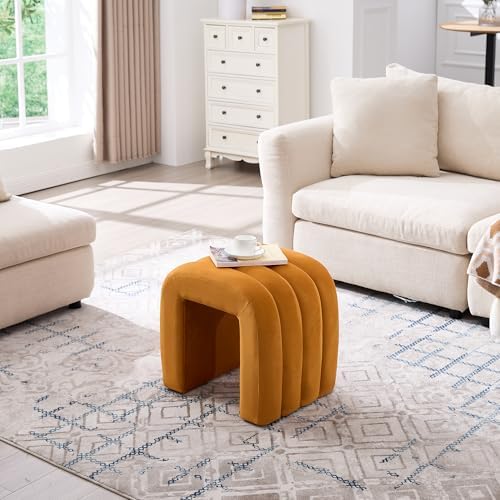 ONEVOG Velvet Pouf Ottoman, Small Ottoman Foot Rest for Couch, 18 Inch Cute Vanity Chairs for Makeup, Living Room Decorative, Sturdy Frame, Upholstered Modern Footrest for Bedroom, Dorm, Cognac, 2Pcs
