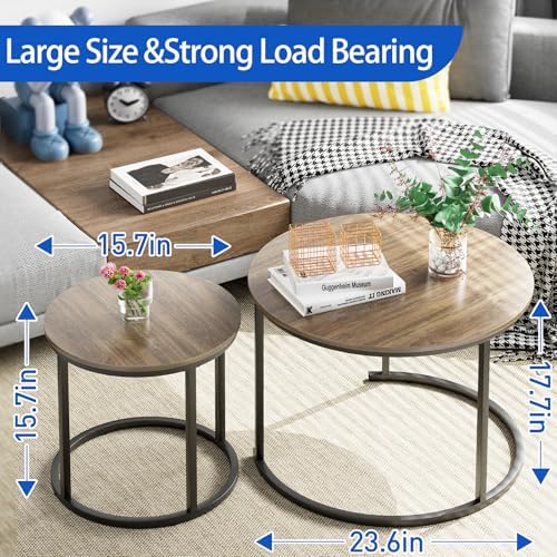 aboxoo Coffee Table Nesting Side Round Table Set of 2 End Table with Sturdy Metal Frame for Living Room Bedroom Apartment Modern Industrial Simple Nightstand,Oak