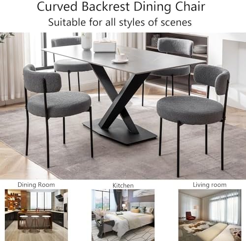 Cinxzar Grey Boucle Dining Chairs Set of 6, Upholstered Dining Room Chairs with Black Metal Legs, Modern Dining Chair for Dining Room, Kitchen