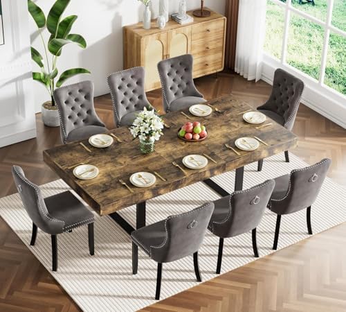9-Piece Extendable Dining Table Set for 8, 63-78 Inch Rustic Brown Kitchen Tables Set with 8 Grey Tufted Chairs Farmhouse Wood Expandable Dining Room Table Set 8 for Kitchen Dining