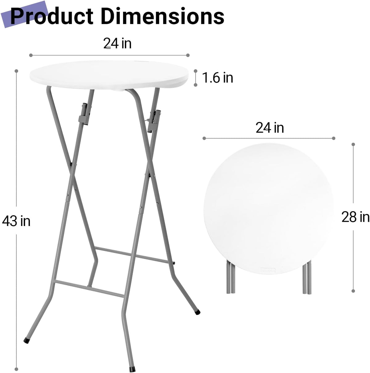 Byliable 24in Round Folding Cocktail Table, Plastic Bar Height Table, White | Portable Foldable Design with Removable Legs, Two Folding Methods, HDPE Tabletop, Indoor Outdoor for Parties, Patio, Events