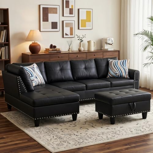 Leather L-Shaped Couch Set, 97.5"L x 69.5"W Sectional Sofas Black | Synthetic PU Leather, Stain-Resistant, 4 Seat Modular Couches with Storage Ottoman& Chaise,Apartment/Office/Living Room