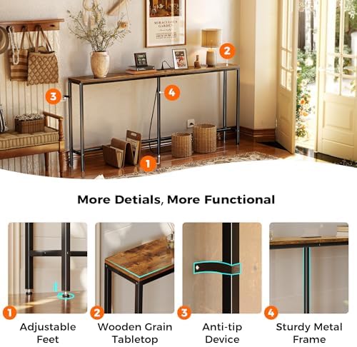 SUPERJARE 70 Inch Sofa Table with Outlet，Rustic Brown | 7.9 Inch Console Table with Charging Station,Narrow Entryway Table, Skinny Hallway Table, Behind Couch Table, for Living Room