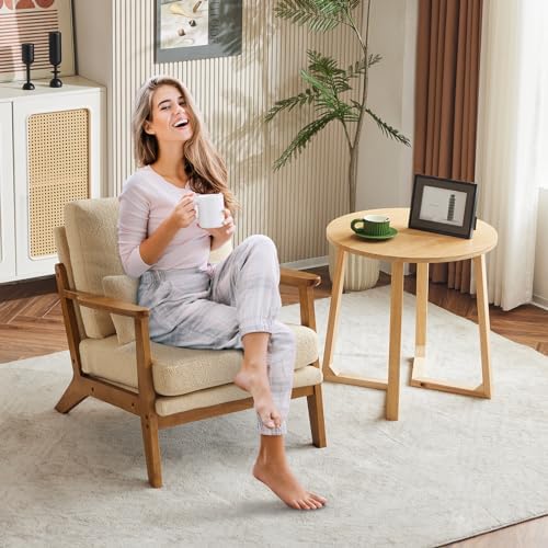 Karl home Mid-Century Lounge Accent Chair, Khaki | Wide Curved Armrest, Teddy Fleece, Lumbar Pillow Included, Solid Wood Frame, For Living Room, Bedroom, Balcony, Apartment