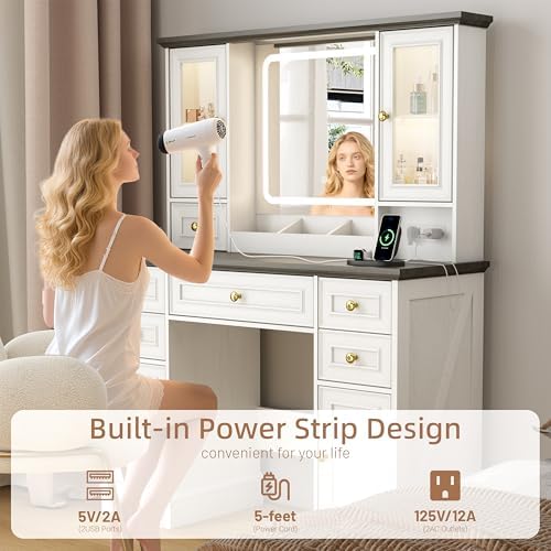 Vanity Desk with Mirror & Lights, Makeup Vanity with Power Outlet & USB Ports, Farmhouse Dressing Table, 6 Drawers & 4 Storage Cabinets, RGB Cabinet Lighting, 3-Color Dimmable Mirror