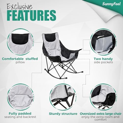 SUNNYFEEL Oversized Folding Rocking Camping Chair for Adults, 500lbs Grey | Heavy Duty Outdoor Rocker Camping Chairs, High Back Padded Lawn Recliner with Side Pocket & Carry Bag