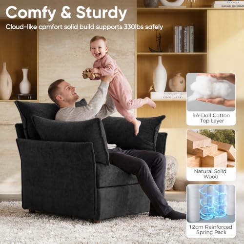 ABCASA Oversized Chenille Accent Chair,Washable Cover and Deep Seat,Black | Extra Wide Seat and Washable Cover,with Fluffy Pillows and Soft Cushions,Reading Chairs for Living Room,Bedroom,Pet-Friendly