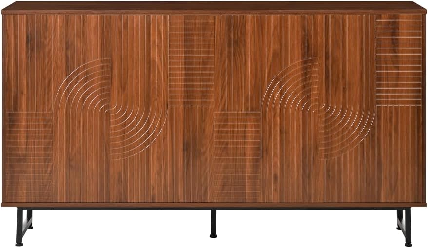 Saiveina Mid-Century Modern Walnut Sideboard Buffet Cabinet, 59 * 16 * 33 Inches Geometric Carved Storage Cabinet with Metal Legs, Multi-Purpose Credenza for Living Room, Dining Room, Entryway