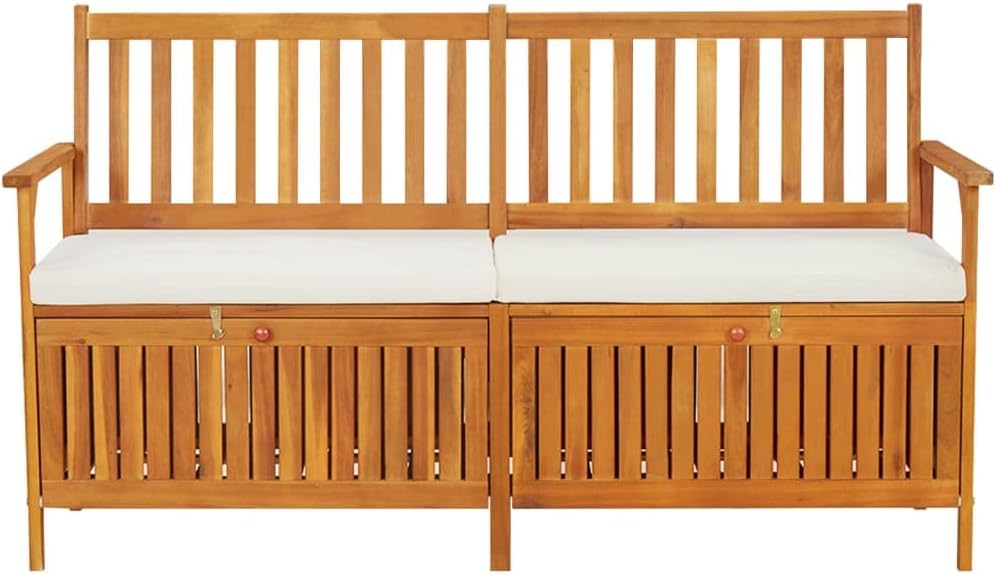 Outdoor Storage Bench with Cream Cushion, 67 Inch Acacia Wood Patio Entryway Furniture, Garden Deck Box with Seating and Padded Cushion, Brown