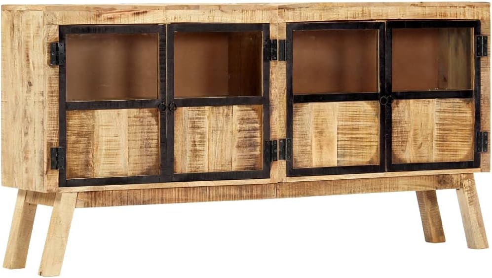 Industrial Style Solid Mango Wood Sideboard with Brown Finish and Black Accents, 63 Inch Length for Ample Storage, Durable Furniture for Living Room or Dining Area, Unique