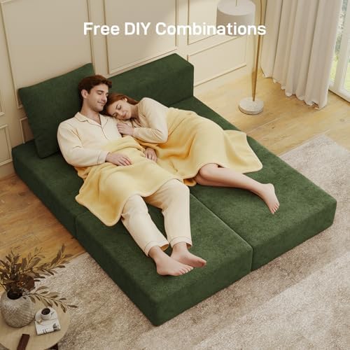 Living&Giving Cloud Sectional Couch for Living Room, Modular Couch with 1 Ottoman, Middle-seat Can Be Combined with Modular Sofa, Customizable Layout for Any Space, Green