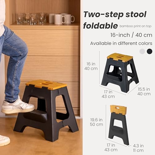 Vigar Compact Folding Step Stool, 16 in 2 Step, Black Bamboo Print | 16 in Foldable Stool, Lightweight Portable Design, Handle, Non Slip Surface, Space-Saving, Supports up to 330 lb