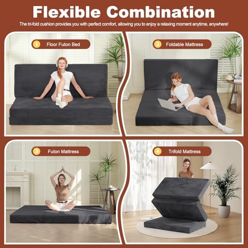 6-Inch Tri-Fold Foldable Mattress, Folding Sofa Bed with Removable Washable Cover, Portable Futon Mattress Full Size Floor Guest Mat with Non-Slip Bottom & Carry Handles for Camping (Grey, Queen)
