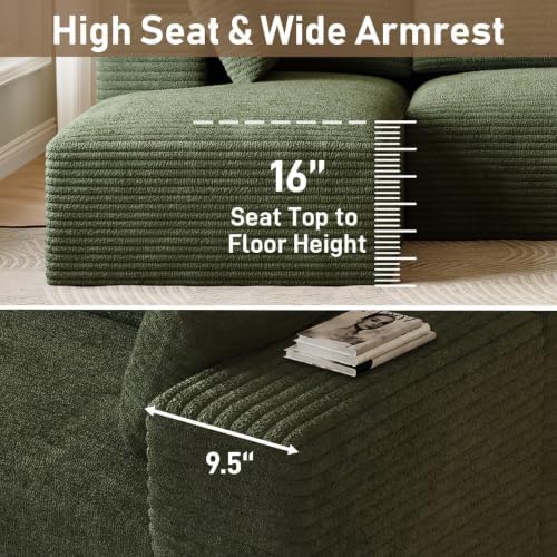 ONEMMLION 96" L-Shaped Cloud Couch Sofa with Chaise, Green | Corduroy Comfy Fluffy Modular Deep Seat Memory Foam Compressed Sectional Sofa for Living Room Oversized Left Facing Chaise