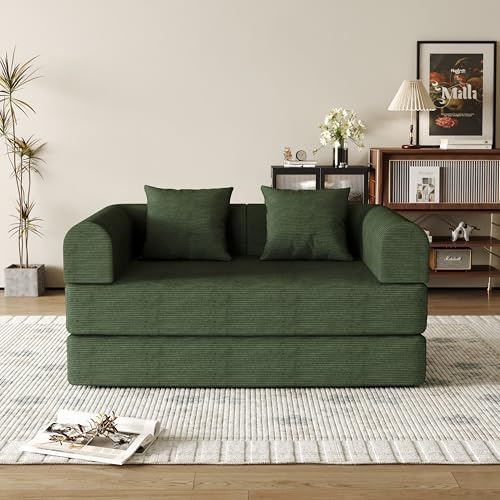 53.15'' Convertible Compressed Corduroy Folding Cloud Sofa Bed, Modern Pull Out Loveseat Sleeper in a Box, 4 in 1 Floor Mattress Futon Cloud Couch, No Assembly Needed, Green, 2 Pillows, Full