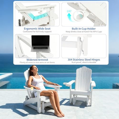 HDPE Adirondack Glider Chair,3-Position Adjustable Backrest Patio Glider | All-Weather Outdoor Glider Rocker Chair with Cup Holders,Porch Glider for Deck,Fire Pit, Poolside,400LBS Capacity White