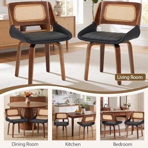 AVAWING Swivel Dining Chairs Set of 4, Mid Century Modern Dining Room Chairs with Cane Back & Leather Seat, Upholstered Rattan Chairs with Walnut Bentwood Frame & Adjustable Foot Pads, Black