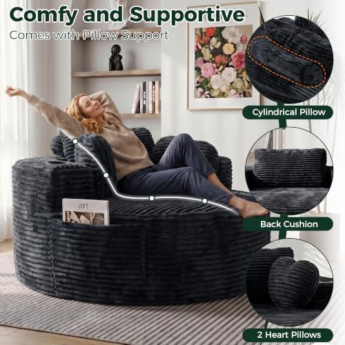 56''Oversized Round Chair Lounge Chaise Indoor with Cup Holders & Side Pocket, Corduroy Cloud Circle Single Deep Seat Chair, Modern Comfy Floor Sofa with Heart Pillows for Living Room,Bedroom