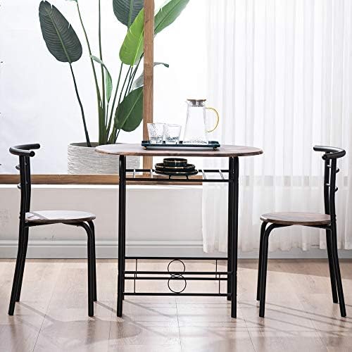 VINGLI 3 Piece Dining Set, Small Kitchen Table Set for 2, Breakfast Table Set, Kitchen Wooden Table with 2 Chairs for Small Space/Dining Room/Apartment, Metal Frame, Wine Rack, Burnt Brown