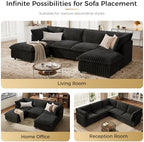 KKL Sectional Modular Couch for Living Room, L Shaped Corduroy Couches with 1 Ottomans, 4 Seater Oversized Sofa, Soft Fabric Modern Sofa, Black